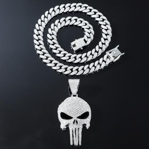 Cool Skull Necklace for Men Women, Halloween Necklace, Iced Out Cuban Chain Diamonds with Bling Skulls Pendant, Chunky Cubic Link Chains Necklaces, Unique Large Hip Hop Rhinestone Gifts, Mens Big Gold Plated Cosplay Costume Punk Gothic Goth Jewelry in Kuwait