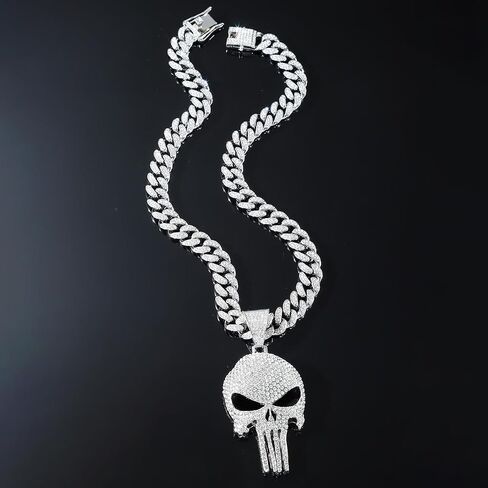 Cool Skull Necklace for Men Women, Halloween Necklace, Iced Out Cuban Chain Diamonds with Bling Skulls Pendant, Chunky Cubic Link Chains Necklaces, Unique Large Hip Hop Rhinestone Gifts, Mens Big Gold Plated Cosplay Costume Punk Gothic Goth Jewelry in Kuwait