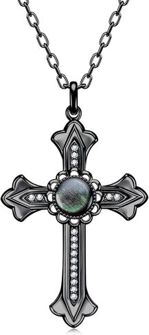 Cross Necklace with a Tahitian Mother of Pearl and Moissanites, White/Black Polished Sterling Silver, 45+2+3mm Adjustable Chain in Saudi Arabia
