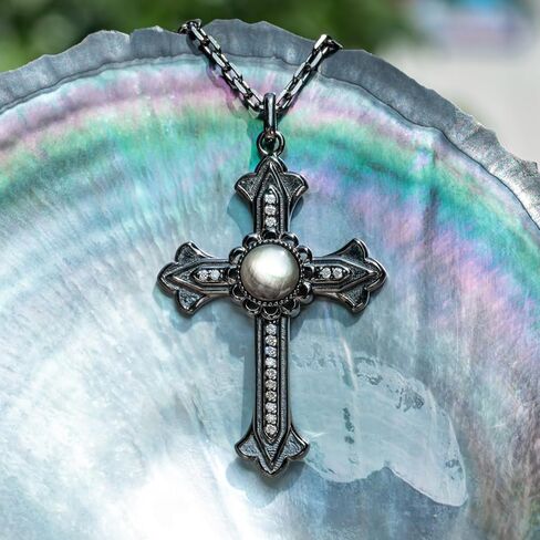Cross Necklace with a Tahitian Mother of Pearl and Moissanites, White/Black Polished Sterling Silver, 45+2+3mm Adjustable Chain in Saudi Arabia