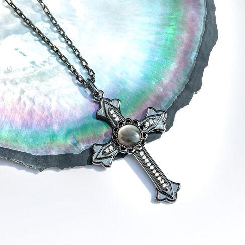 Cross Necklace with a Tahitian Mother of Pearl and Moissanites, White/Black Polished Sterling Silver, 45+2+3mm Adjustable Chain in Saudi Arabia