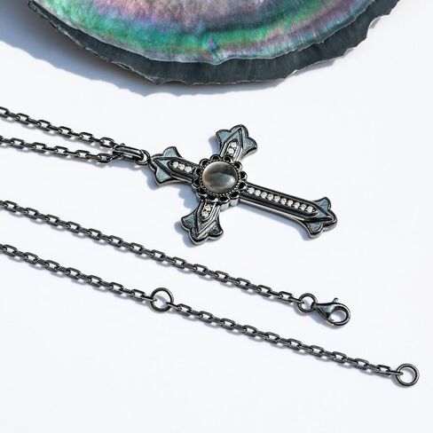 Cross Necklace with a Tahitian Mother of Pearl and Moissanites, White/Black Polished Sterling Silver, 45+2+3mm Adjustable Chain in Saudi Arabia