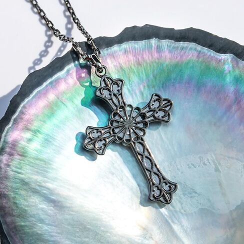 Cross Necklace with a Tahitian Mother of Pearl and Moissanites, White/Black Polished Sterling Silver, 45+2+3mm Adjustable Chain in Saudi Arabia