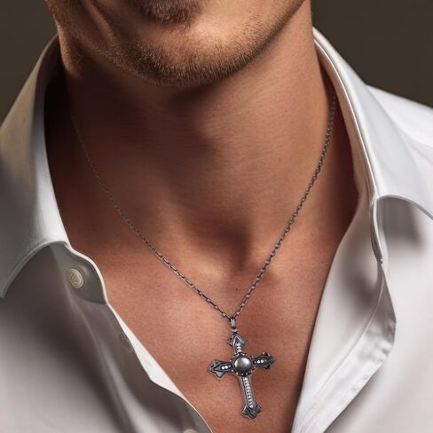 Cross Necklace with a Tahitian Mother of Pearl and Moissanites, White/Black Polished Sterling Silver, 45+2+3mm Adjustable Chain in Saudi Arabia