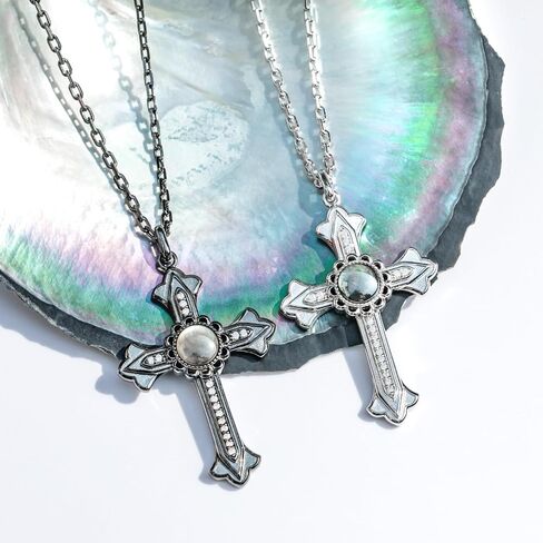 Cross Necklace with a Tahitian Mother of Pearl and Moissanites, White/Black Polished Sterling Silver, 45+2+3mm Adjustable Chain in Saudi Arabia