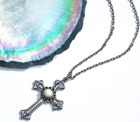 Cross Necklace with a Tahitian Mother of Pearl and Moissanites, White/Black Polished Sterling Silver, 45+2+3mm Adjustable Chain in Saudi Arabia