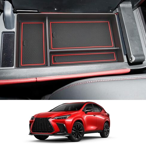 CDEFG Center Console Organizer Tray for 2022 2023 2024 Lexus NX 250 350H 450H Accessories Armrest Storage Box Secondary Insert Tray Coin Container Black ABS Material with 1 Colored Mats (Red Trim) in Saudi Arabia