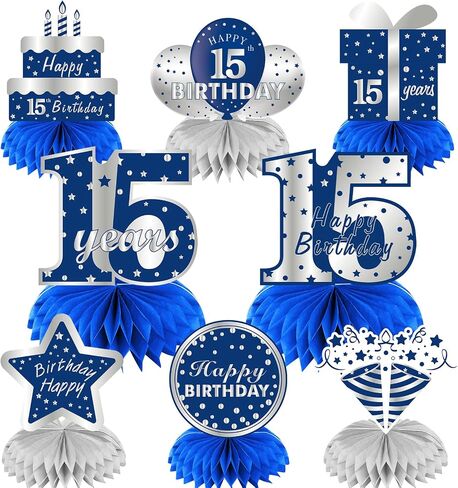 Kauayurk 8Pcs 10th Birthday Honeycomb Centerpieces Decorations for Boys, Blue Silver 10 Year Old Birthday Table Centerpiece Party Supplies, Ten Birthday Table Topper Decor Sign in Kuwait