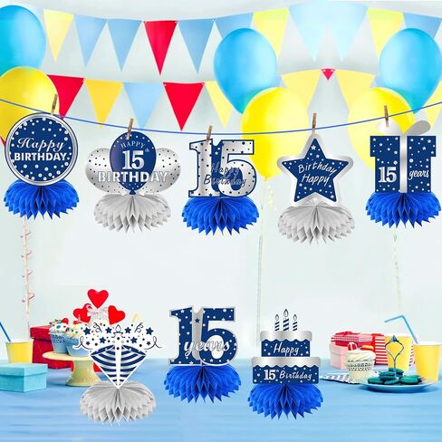 Kauayurk 8Pcs 10th Birthday Honeycomb Centerpieces Decorations for Boys, Blue Silver 10 Year Old Birthday Table Centerpiece Party Supplies, Ten Birthday Table Topper Decor Sign in Kuwait