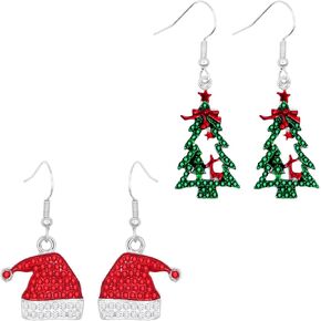 2Pairs Crystal Christmas Earrings Red Green Enamel Rhinestone Christmas Tree Hat Earrings Holiday Earrings Fashion Christmas Dangle Earrings for Women