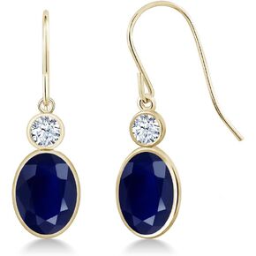 Gem Stone King 14K Yellow Gold Blue Sapphire and White Created Sapphire Hook French Fish Ear Wire Dangle Earrings For Women (3.84 Cttw, Gemstone September Birthstone, Oval 8X6MM, Round 3MM)