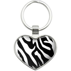 Zebra Print Black White Keychain Heart Love Metal Key Chain Ring