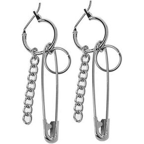Safety Pin Chain Tassels Dangle Earrings Punk Silver Pin Dangle Earring with Hoop Jewelry for Men and Women (Silver)
