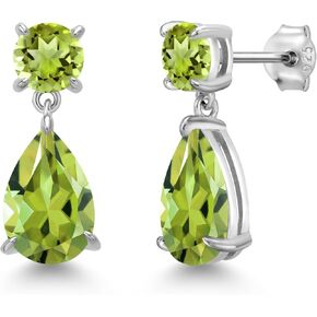 Gem Stone King 925 Sterling Silver Green Peridot Teardrop Dangle Drop Earrings For Women (7.96 Cttw, Gemstone Birthstone, Pear Shape 12x8MM, Round 6MM)