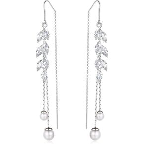 Long Pearl Dangle Earrings with Cubic Zirconia Hook Threader Earrings for Bride Bridesmaid Wedding Prom