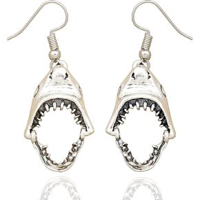 RechicGu Vintage Silver Shark Hinged Moveable Tooth Jaws Skull Hell Demon Mouth Dangle Earrings Fancy Dress