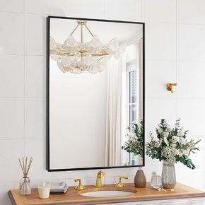 Black Bathroom Vanity Mirror for Wall, 20X28 Inch Aluminum Framed Wall Mirror Rectangle, Modern Square Corner Bathroom Vanity Mirror for Bedroom, Living Room, Hangs Horizontally or Vertically
