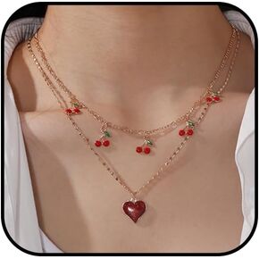 WETMT Cherry Necklace for Women Cherry Heart Pedant Necklace Layered Gold Choker Cherry Necklace Boho Fruit Cherry Necklace for Birthday Party Jewelry