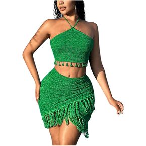 Women's Two Piece Summer Sets Fringe Hem Tie Back Halter Crop Top and Mini Skirt Set