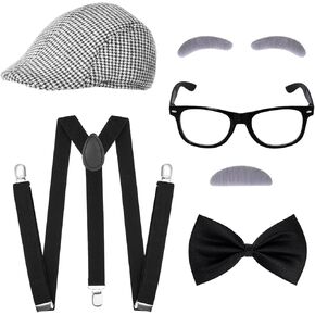 Old Man Costume Adult, 6Pcs Grandpa Costume Old Person Costume Old Man Wig Glasses Fake Mustache Eyebrows Suspender Bow Tie for Halloween 100days Cosplay