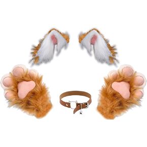 Wolf Fox Cat Ears Headband Choker and Gloves Set - Animal Costume Accessories for Halloween, Christmas, Women