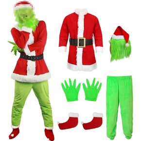 6PCS Christmas Monster Costume Gbgrinches Green Big Monster Costume Mask Funny Santa Costume Furry Outfit Adults