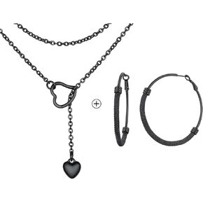 FOCALOOK Necklaces Hoops Jewelry Set, Long Black Necklace and Black Hoop Earrings for Women