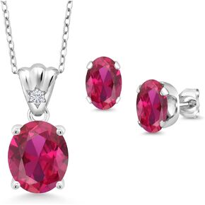 Gem Stone King 925 Sterling Silver Red Created Ruby and White Lab Grown Diamond Pendant and Earrings Jewelry Set For Women (6.74 Cttw, Oval 11X9MM and 8X6MM with 18 Inch Silver Chain)