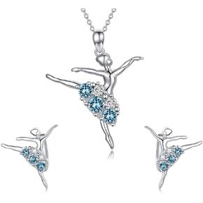 AOBOCO Ballerina Jewelry Sterling Silver Ballet Dancer Necklace and Earrings Set with Simulated Aquamarine Blue Crystal