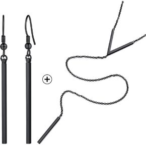 FOCALOOK Black Long Chain Pendant Necklace Bundle with Black Dangle Bar Earrings for Women