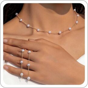 Gold Pearl Necklace Set for Women Dainty Gold Pearl Necklaces and Earrings Bracelets Set Pearl Bowknot Choker Necklace Jewelry Set Wedding Pearl Jewelry