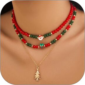 Christmas Necklace for Women Colorful Beaded Christmas Tree Bell Necklace Layered Pearl Xmas Charm Necklace Christmas Jewelry Stocking Stuffers for Women Christmas Gifts 2024
