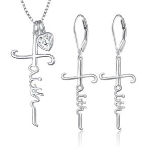 925 Sterling Silver Faith Cross Earring and Necklace Jewelry Set
