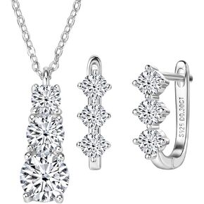 3 Stone Moissanite Pendant Necklace and Hoop Earrings Set