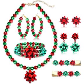 boderier Christmas Jewelry Sets for Women Christmas Bow Necklace Christmas Bow Earring Bracelet Hair Clips Christmas Decoration Holiday Gifts