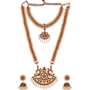 Combo of Long Haaram and Necklace and Earrings with Red and Green Imitation Kemp Stone
