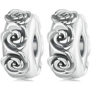 2pc Clip Spacer Charm Bracelets for Women 925 Sterling Silver Blue White Crystal Charm Clip Lock Spacer Stopper Charm Bead for Bracelet (Rose-2PC)