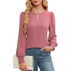 Blooming Jelly Womens Long Sleeve Dressy Casual Top V Neck Puff Sleeve Shirt Keyhole Blouse 2024