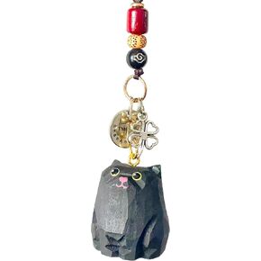 Lucky Keychain Wooden Black Cat Keychain Orange Cat Keychain with Four-Leaf Clover Charms Car& Backpack Ornament