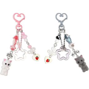 Vin Beauty 2pcs Cute Pink Blue Keychain Fuzzy Cat Keychain Aesthetic Y2k Heart Shaped Pendant Keychain Plush Bag Charms Cute Cat Purse Charms Plush Keychains for Girls Bags and Backpacks Accessories