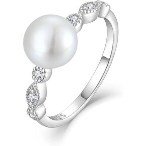 Pearl Ring for Women, 925 Sterling Silver Women's Cubic Zirconia Rings with 8mm White Freshwater Cultured Pearl, Wedding Jewelry Engagement Band Rings for Women Wife Girlfriend, Size 5-10