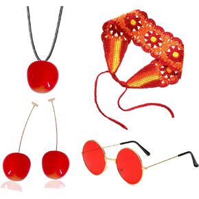 4 Pcs Strawberry Jewelry Set 60s 70s Hippie Costume Accessories Knit headband Strawberry Necklace Strawberry Earrings Cherry Dangle Drop Earrings Fruit Necklace Charm Jewelry for Woman
