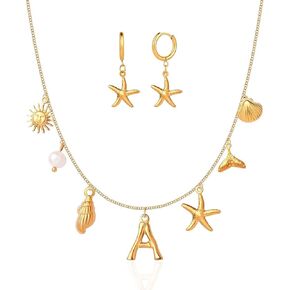 Shell Necklace and Starfish Hoop Earrings Set, Charm Necklace - Gold Necklace for Women, Initial Necklace - Letter A-Z Pendant Choker, Waterproof, Non-Tarnish Gold Necklace, Gifts for Women