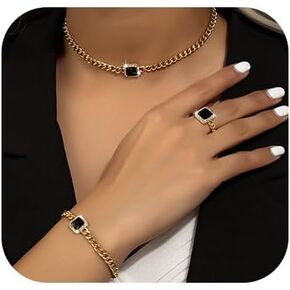 Denifery 3 Pcs Cuban Link Chain Necklace Bracelet Ring Set Bling Crystal Diamond Hip Hop Jewelry for Women