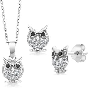 Gem Stone King 925 Sterling Silver Owl Pendant Earrings Set For Women With 18 Inch Silver Chain