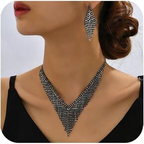 Chargances 3pcs Black Crystal Bridal Jewerly Set Rhinestone Tassel V-shape Necklace Chandelier Dangle Fringe Earrings Wedding Accessorieafor Women Halloween (Style 2)