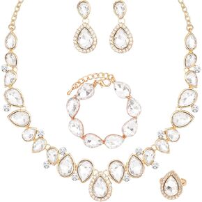 CSY Elegant Bridal Necklace Earrings Bracelet Ring Set for Bride Bridesmaid Tear Drop Crystal Wedding Prom Costume Jewelry Sets for Women