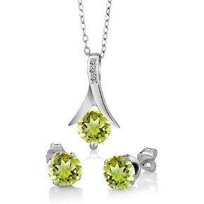 Gem Stone King 925 Sterling Silver Round Green Peridot and White Diamond Pendant and Earrings Jewelry Set For Women (2.60 Cttw, with 18 Inch Silver Chain)
