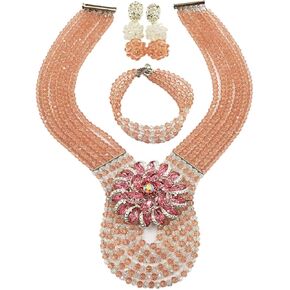 Women's Fashion Beaded Crystal Nigerian Bridal Wedding Party Necklace African Beads Jewelry Set