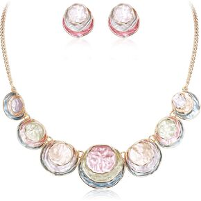 Flyonce Costume Statement Jewlery Sets for Women, Enamel Round Disc Necklace Earrings Set for Cocktail Prom Party